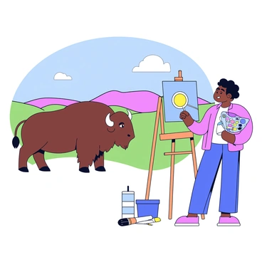 An artist is standing in front of an easel, painting a landscape scene. The landscape features rolling hills and a clear blue sky with a few fluffy clouds. In the foreground, there is a large bison, depicted in a natural stance, with a shaggy brown coat and impressive curved horns. The artist is using a palette filled with vibrant colors and appears to be capturing the bison's details on the canvas. Brushes and an open paint tube are placed on the ground next to the artist.