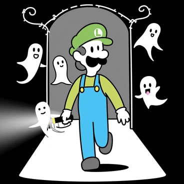 A character resembling "Luigi," wearing a green hat and blue overalls, is walking slowly through a dimly lit room inside a "haunted mansion." The shadows cast by flickering candles create an eerie atmosphere. "Floating ghosts" appear around him, depicted as semi-transparent figures in various shapes. Some have playful expressions while others look eerie. The walls are adorned with vintage portraits, and cobwebs hang from the corners of the ceiling. "Luigi" holds a flashlight, illuminating the path ahead as he cautiously steps forward.