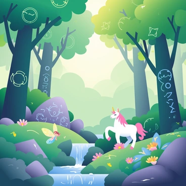 A lush green forest landscape is filled with towering trees, their leaves a vibrant mix of emerald and jade. Sunlight filters through the branches, casting dappled shadows on the forest floor, which is covered in soft moss and colorful wildflowers. Various magical creatures are scattered throughout the scene, including a small, shimmering fairy with iridescent wings resting on a flower petal, and a graceful unicorn with a glistening white coat standing majestically near a sparkling stream. Ancient runes, glowing faintly in shades of blue and purple, are engraved on the stones and bark of the trees, hinting at the forest's deep magical history. In the background, a gentle mist weaves through the trees, adding an air of mystery to the enchanting landscape.