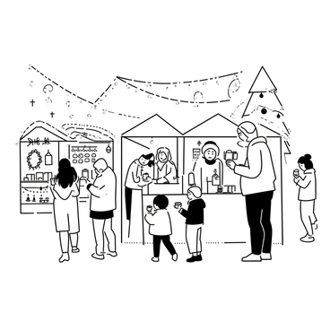 A holiday market bustling with activity, filled with shoppers. Stalls are set up with canopies and adorned with "festive decorations" such as garlands and wreaths. Twinkling lights hang overhead, casting a warm glow. Several shoppers, bundled in winter clothing, are holding cups of hot cocoa. A couple of children are looking at handmade ornaments displayed on one of the stalls. In the background, a large "holiday tree" is visible, decorated with "ornaments" and lights.