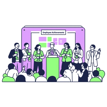 A large auditorium is filled with guests for a company awards ceremony. On the stage, a podium stands with a banner that reads "Employee Achievements" above it. In front of the podium, six employees are lined up, each holding a trophy. The first employee on the left is wearing a dark suit and smiling broadly. The second employee, next to him, is dressed in a bright blouse and looks proud. The third employee has glasses and is adjusting the trophy in their hands. The fourth employee is wearing a blazer and nodding in appreciation. The fifth employee, with long hair, is laughing and enjoying the moment. The sixth employee on the far right is giving a thumbs up. Behind them, a large screen displays highlights of their achievements with colorful slides. Dotted around the audience, friends and colleagues clap and cheer in support.