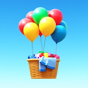 A laundry basket filled with assorted clothes. The basket is lifted into the air by a cluster of bright, colorful balloons. The sky is clear and blue, providing a vivid backdrop. The balloons come in various colors, including red, yellow, green, and blue. The laundry basket is woven, with a natural texture, and the clothes inside are a mix of patterns and colors.