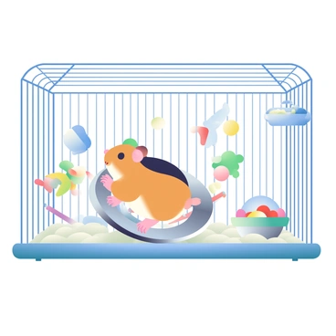 A small, fluffy hamster with golden-brown fur is energetically running on a shiny silver exercise wheel inside a spacious wire cage. The wheel is spinning quickly, showing motion. The cage is filled with clean, soft bedding material and has colorful chew toys scattered throughout. In one corner, a small food bowl contains pellets, while a glass water bottle is mounted on the side. The hamster’s tiny paws are gripping the sides of the wheel as it runs, displaying its determination and liveliness.
