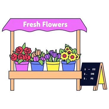 A flower market stall with a wooden frame. The stall is filled with a variety of colorful blooms including "red roses," "yellow sunflowers," and "purple tulips." Each type of flower is neatly arranged in individual buckets. There are green leaves and stems peeking from the buckets, adding to the vibrant look. The background features a simple pink banner that reads "Fresh Flowers" in white letters. A small chalkboard sign stands beside the stall, displaying the prices of the flowers.