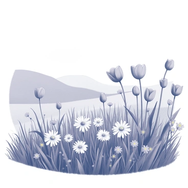 A meadow filled with a variety of flowers in full bloom. The flowers include daisies, tulips, and wildflowers, creating a diverse landscape. The grass is lush and tall, swaying gently in the breeze. Above, a clear sky is present, with a sense of openness and light. In the distance, there are gentle rolling hills, adding depth to the scene.