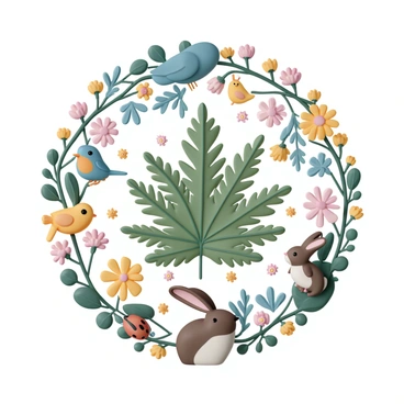 A collage of illustrated plants and animals arranged in a circular pattern