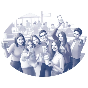 A group of several customers is gathered at an outdoor sports bar. They are holding drinks in their hands, showcasing a variety of beverages such as cocktails and beers. Each person is smiling and posing for selfies with their drinks raised, capturing the moment. Behind them, a lively atmosphere is evident, with tables set up and patrons enjoying their time. Some customers are looking at their phones while sharing the photos on social media. The scene conveys an energetic vibe, filled with laughter and camaraderie.