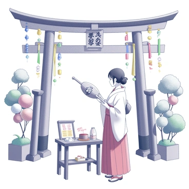 A miko, dressed in a traditional white kimono with a red hakama, performs a ceremonial ritual to celebrate the New Year. She holds a wooden gohei adorned with shide, and stands in front of a large torii gate. The surroundings are filled with various vibrant decorations, including colorful paper streamers and festive ornaments hanging from nearby trees. A small shrine table is set up, displaying offerings such as rice cakes and sake. The atmosphere is filled with a sense of reverence and celebration as she prepares to offer her prayers.