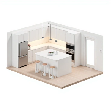 An isometric view of a sleek, modern kitchen featuring polished white cabinets and a luminous countertop. The kitchen includes stainless steel appliances, such as a large refrigerator and a built-in oven, seamlessly integrated into the cabinetry. A spacious central island is positioned in the middle, adorned with stylish bar stools. Above, pendant lights illuminate the island area, casting a warm glow. The floor is made of light hardwood, and the walls are adorned with subtle, contemporary artwork.