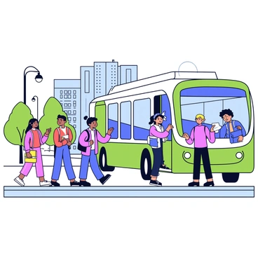 A busy city scene featuring a clean, modern electric bus in the foreground. The bus has a sleek design with large windows and is painted in a vibrant green color. People of diverse backgrounds, including adults and children, are boarding the bus. Some individuals are holding bags, while others are chatting. The background shows tall buildings, streetlights, and trees lining the sidewalk. The sky is clear, indicating a bright day.