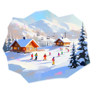 A detailed snowy map depicting a winter wonderland, featuring gently rolling ski slopes dotted with colorful ski tracks. Several frozen lakes are visible, their surfaces glistening under a clear blue sky. Cozy wooden cabins are nestled among snow-covered pine trees, with smoke curling from chimneys, indicating warmth inside. The landscape is softly illuminated by the winter sun, casting long shadows across the snow. Various ski lifts can be seen transporting skiers up the slopes, and groups of people wearing winter attire are engaging in skiing and ice skating activities.