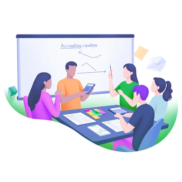 A modern pastel illustration showing several participants in an accounting workshop. They are gathered around a large table, actively engaging in a hands-on activity related to the accounting equation. On the table, there are worksheets, calculators, and colorful sticky notes. Each participant, a diverse group of individuals, holds a pencil and discusses their findings. In the background, a whiteboard features a diagram of the accounting equation written in clear letters.