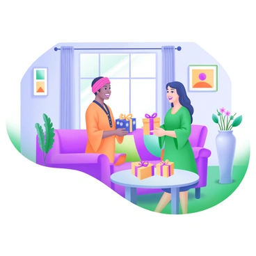 A living room setting featuring two people from different cultures engaging in the exchange of gifts. One person is wearing traditional attire from their culture, while the other is dressed in clothing representative of a different heritage. They stand facing each other with bright smiles, each holding a beautifully wrapped gift. The room is cozy, decorated with colorful artwork and comfortable furniture. A small table beside them holds additional presents and a decorative vase with fresh flowers. Natural light filters through a nearby window, illuminating the joyful interaction.