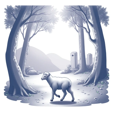 A lamb walking on a path in a vintage forest. The lamb has fluffy white wool and is depicted in a gentle pose, its legs moving gracefully. Surrounding the lamb are tall, intricately detailed trees with twisted trunks and thick foliage, creating a sense of depth and perspective. Sunlight filters through the leaves, casting dappled shadows on the ground. The forest floor is covered with a mix of leaves and small flowers, adding texture to the scene. In the background, hints of old stone structures and moss-covered rocks can be seen, enhancing the enchanted atmosphere.