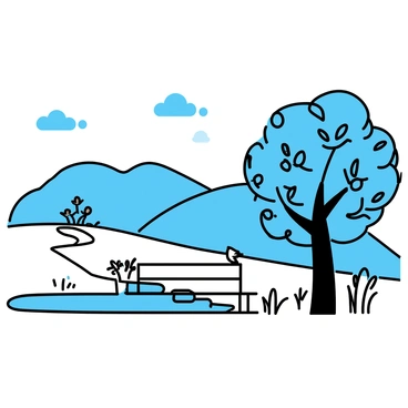 A monochrome illustration in various shades of blue. The scene depicts a tranquil park with a large, detailed tree in the center, its branches sprawling and leaves intricately drawn. On one side, a wooden bench is placed beneath the tree, with a bird perched on the armrest. To the left, a winding path leads to a small pond, reflecting the tree and surrounding plants. In the background, rolling hills rise gently, maintaining the same shades of blue throughout the composition. The sky above is filled with stylized clouds, blending seamlessly into the overall monochromatic theme.