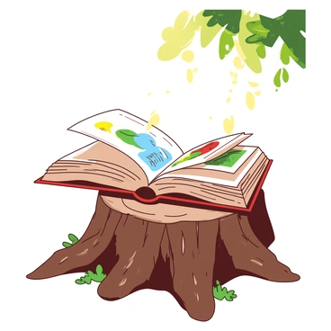 An open book on a tree stump with pages turning by an invisible hand
