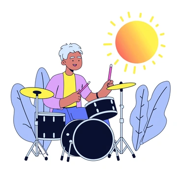 A drummer is sitting at a drum kit, actively playing with focused concentration. The drum kit is black with shiny chrome hardware. In the background, a large sun is rising, casting warm orange and yellow hues across the sky. Gentle rays of sunlight illuminate the drummer and the instruments. The scene is set outdoors, with a few trees faintly visible in the distance, silhouetted against the brightening sky.