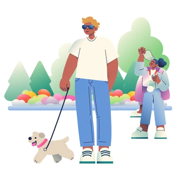 A celebrity with light brown hair and wearing stylish sunglasses is walking a small fluffy dog in a park. The celebrity is dressed in a casual white t-shirt and blue jeans, displaying a friendly smile while waving to fans nearby. In the background, there are green trees and colorful flower beds, enhancing the lively atmosphere of the park. A few fans are holding up their phones, capturing the moment as the dog energetically pulls on the leash, excited to explore its surroundings.