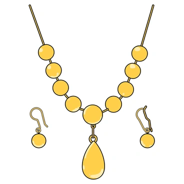 A beautiful jewelry set inspired by citrons featuring a necklace and matching earrings. The necklace consists of a delicate gold chain adorned with several round, translucent citron-colored beads that resemble citrus fruit. Each bead reflects light, creating a glowing effect. The centerpiece of the necklace is a larger, teardrop-shaped citron stone that hangs elegantly in the middle. The earrings are designed as simple gold hooks, each showcasing a single round citron bead that dangles gently, complementing the necklace perfectly. The overall appearance of the jewelry set is bright and cheerful, evoking the freshness of citrons.