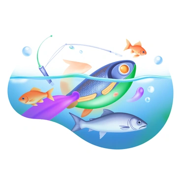 A close-up view of an "intricately designed fishing lure" shimmering in clear water. The lure features bright colors, metallic accents, and detailed patterns. Surrounding the lure are various "curious fish," including a small orange goldfish and a sleek silver trout, captured in mid-swim as they approach the lure. Sunlight filters through the water, creating reflections and enhancing the shimmer of the lure. Bubbles rise around the lure, adding to the sense of movement in the scene.