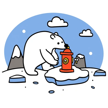 A curious polar bear with white fur and black eyes is sniffing a bright red fire hydrant. The bear is standing on its hind legs, leaning forward with its nose close to the hydrant. Surrounding the bear is a snowy arctic environment, with icebergs and soft white snow covering the ground. The sky is a clear blue, and a few fluffy clouds are visible in the distance. The scene captures the whimsical interaction between the bear and the unusual object in its icy habitat.