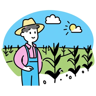 A farmer wearing a wide-brimmed straw hat and a plaid shirt is standing in a green field. He is surveying rows of corn plants that stretch into the distance. The sun is shining brightly, casting shadows on the ground. In the background, there are a few fluffy white clouds in a clear blue sky. The farmer has a thoughtful expression as he examines the healthy crops around him.