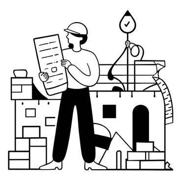 A woman wearing a hard hat stands on a construction site, holding blueprints in one hand while examining them closely. The background features partially constructed walls and scaffolding, with construction tools scattered around. There are piles of bricks and stacks of lumber nearby, indicating an active work environment. A measuring tape is draped over a nearby object, and a large sign displaying the building project’s name is positioned prominently in the scene.