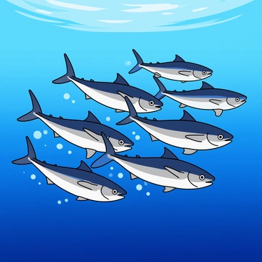 A lively school of tuna fish is swimming rapidly together in the deep blue ocean. The tuna are sleek and elongated, glistening with shades of silver and blue. Each fish has distinct, streamlined fins and a pointed tail, propelling them through the water. Bubbles trail behind them, creating a sense of movement. The ocean background is a vibrant gradient of deep blue, with hints of lighter shades reflecting sunlight filtering through the water. The tuna are arranged in a harmonious V formation, showcasing their synchronized swimming patterns.