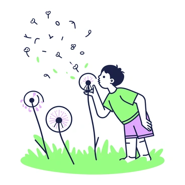 A child is standing in a grassy field, blowing gently on a dandelion puff. The child's face is filled with concentration as they exhale, sending a cloud of dandelion seeds into the air. The seeds, spherical and delicate, scatter and disperse in a ripple effect, creating a visual trail as they float away. The child is wearing a short-sleeve shirt and shorts. In the background, other dandelions can be seen swaying slightly in the breeze, contributing to the scene's dynamic feel.
