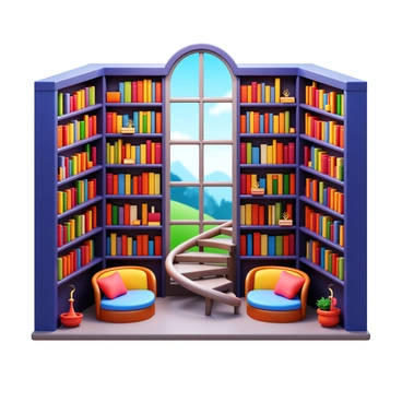 A whimsical library with tall, colorful bookshelves. Charming books are neatly arranged, with some stacked haphazardly. Soft, warm lighting illuminates reading nooks with plush cushions. A spiral staircase winds through the center, leading to a cozy loft filled with more books. A large window showcases a view of a fantastical landscape outside. Small decorative elements, like quaint lamps and potted plants, add to the inviting atmosphere.