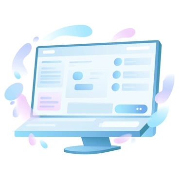 A computer screen displays a digital procurement platform interface. The screen shows various sections, including a catalog of products with images and descriptions. There are buttons for "Add to Cart" and "Checkout" clearly visible on the interface. In the background, there are subtle indications of an office environment, such as a desk and office supplies. The color scheme features gradient pastel colors, creating a soft and modern look.