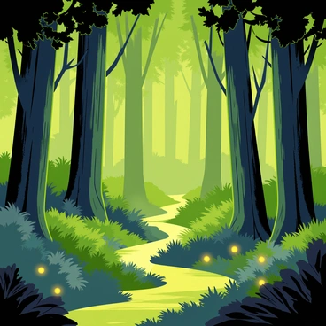 A dense forest filled with tall, lush green trees and thick underbrush. The forest is illuminated by glowing pathways that weave through the trees, casting a soft light on the ground. Mystical, floating lights hover gently in the air, illuminating the surroundings with a warm, ethereal glow. The scene captures a sense of enchantment, with vibrant foliage and magical elements creating an otherworldly atmosphere.