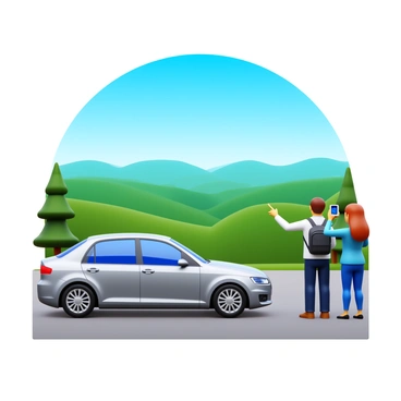 A car parked on a paved area near a scenic overlook. In the background, there are rolling hills and a bright blue sky. Two travelers stand next to the car, gazing at the expansive landscape. One traveler points toward the horizon, while the other takes a photograph of the view. The car is a modern sedan with a shiny exterior, and there are trees nearby that frame the scenic overlook.