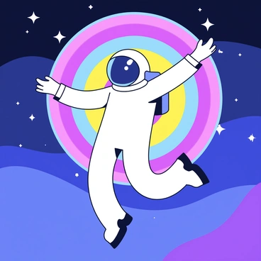 An astronaut in a space suit is floating in the vastness of space. The space suit is a classic white with a reflective visor. Surrounding the astronaut is a glowing chakra aura that radiates in vibrant colors, creating a halo effect. The background features distant stars and galaxies, adding depth to the scene.