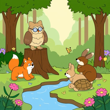 A vibrant, lush forest filled with tall green trees and colorful flowers. Sunlight filters through the leaves, creating dappled light on the forest floor. In the center, a group of talking animals are gathered closely around a wise old owl perched on a large, gnarled tree stump. The owl has large, expressive eyes and wears small round glasses. There is a curious fox with bright orange fur, a brown rabbit with fluffy ears, and a small turtle with a patterned shell, all listening intently. The animals have animated expressions, showcasing their engagement in the story. Nearby, a gentle brook flows, adding a touch of shimmering water in the scene. A few butterflies flutter through the air, adding to the enchanting atmosphere.
