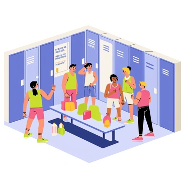 A lively gym locker room filled with individuals preparing for a workout session. There are bright blue lockers lining the walls, some with doors slightly ajar. In one corner, a group of three people are chatting, wearing colorful tank tops and shorts, while one person stretches beside them. A mirror reflects the scene, showing another individual tying their shoelaces in front of it. A large bench in the center is cluttered with bags and water bottles. Towels hang from hooks nearby, and posters with motivational quotes are displayed on the walls. The atmosphere is energetic and bustling with activity.