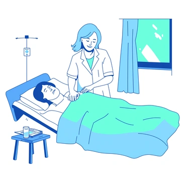 A white nurse with short hair is gently adjusting a light blue blanket over a patient lying in a hospital bed. The patient, a middle-aged individual, is resting comfortably with closed eyes. The room is well-lit, with medical equipment on the side and a small teal window curtain partially drawn. A bedside table holds a glass of water and a small stack of magazines. The nurse is smiling softly, creating a caring atmosphere in the room.