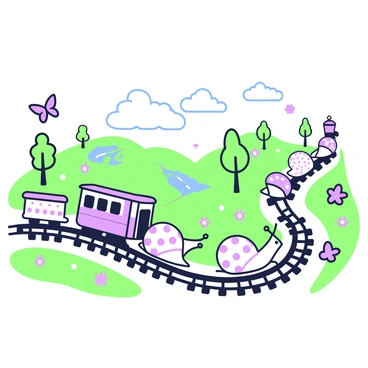 A train with several snail-shaped carriages is winding its way through a countryside landscape. The train is moving along a gentle curve in the track, with the snails' shells patterned in intricate designs. The scenery features rolling hills dotted with trees and vibrant flowers. In the background, there are fluffy clouds floating in the sky, and a small stream can be seen glimmering in the sunlight. A few butterflies are fluttering around the train, adding a sense of movement to the scene.