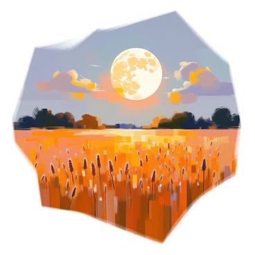 A large harvest moon is rising in the night sky, casting a warm glow over expansive golden wheat fields that sway gently in the breeze. The moon appears round and luminous, illuminating the landscape with a soft, silvery light. The wheat fields stretch out to the horizon, their golden stalks creating a textured surface that catches the moonlight. A few wispy clouds drift across the sky, adding depth to the scene while the silhouette of distant trees frames the fields in the background.