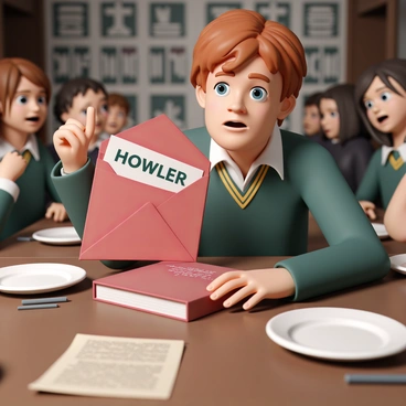 Ron Weasley, with his messy red hair and wearing a Hogwarts uniform, is sitting at a long wooden dining table. He has an expression of shock on his face as a large, red Howler is opened in front of him, emitting a loud and angry voice. The Howler has a bright red envelope with the word "HOWLER" written in bold white letters. Beside him, a nondescript book lies forgotten, slightly open with a page turned. Surrounding the table are empty plates and other students, some looking at Ron with curiosity and amusement. The atmosphere is filled with excitement and surprise as Ron tries to process the loud message.