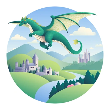 A majestic dragon with shimmering emerald scales is soaring through fluffy white clouds. The dragon's wings are outstretched, showcasing intricate patterns on its wings. Below, a medieval landscape unfolds, featuring rolling green hills and a small village with stone cottages. A winding river reflects the sunlight as it flows through the valley. In the distance, a castle with tall towers can be seen perched on a hill, surrounded by a lush forest. The sky above is a bright blue, dotted with a few wispy clouds.