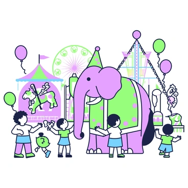 Babar, an elephant wearing a colorful festive outfit, is standing in the center of a lively carnival. Surrounding him are tall, twisting rides, with several children laughing and playing nearby. Colorful balloons float in the air, some held by excited children. In the background, a carousel with intricately designed horses can be seen, while a tent filled with games is positioned to the side. Babar is smiling, engaging with the children, as a sense of joy and celebration fills the scene.