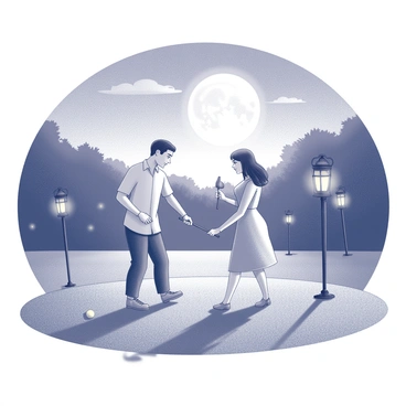 A couple is engaged in a game of croquet on a grassy field. The scene is illuminated by several hanging lanterns that cast soft, warm light around the area. The couple is positioned on opposite sides of the croquet course, each holding a mallet. The man has short hair and is wearing a light shirt and trousers, while the woman has long hair tied back and is dressed in a flowing dress. The moon is prominent in the night sky, surrounded by a few wispy clouds. The background features trees that are softly silhouetted against the moonlight.