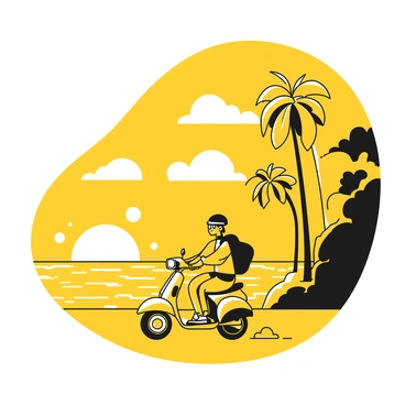 A person riding a moped along a coastal road, wearing a black helmet and casual clothing. The moped is small with a sleek design, and the rider is holding onto the handlebars firmly. The road is lined with palm trees, and the ocean is visible on one side, reflecting the warm colors of the sunset. The sky features large clouds illuminated by yellow and white light, creating a dramatic scene as the sun sets on the horizon.