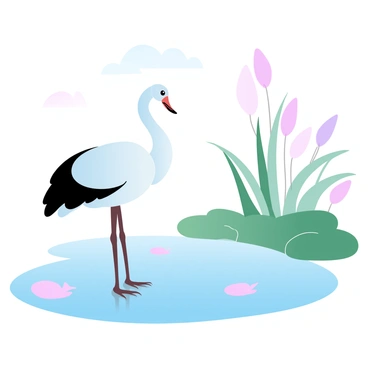 A cigogne is standing elegantly beside a tranquil pond. The cigogne has long legs and a primarily white body with black wing feathers. The pond has calm water reflecting the surroundings, and it is bordered by tall, green reeds that sway gently in the breeze. A few lily pads are floating on the surface of the water, and the setting is illuminated by soft, gradient pastel colors in the background.