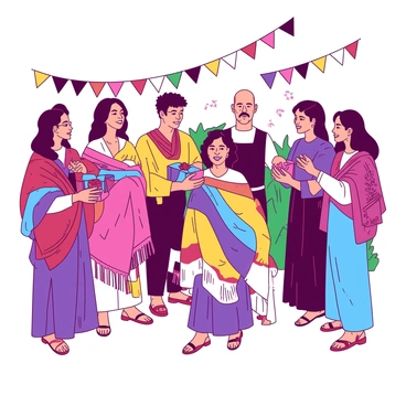 A group of individuals wearing vibrant traditional attire from various cultures stand together in a lively scene. Each person is adorned in their unique garments, showcasing rich colors and intricate patterns. Some individuals are exchanging pieces of clothing, such as a colorful shawl and a decorative scarf, while others hold small gifts that represent their cultural heritage. The background features festive decorations, such as colorful banners and lights, enhancing the joyful atmosphere of the celebration.