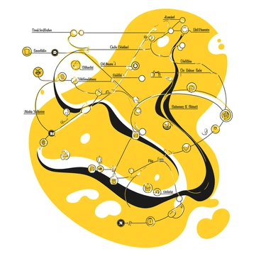 A subway map illustrated in black and yellow tones, depicting an intricate network of lines and shapes. The lines crisscross and twist in unexpected directions, connecting various nodes labeled with abstract concepts such as "imagination," "serenity," and "chaos." The background features flowing, dreamlike patterns that evoke a sense of movement and fluidity. Each station is represented with unique symbols that reflect the ideas they represent, and the overall composition creates a sense of exploration through an otherworldly landscape.