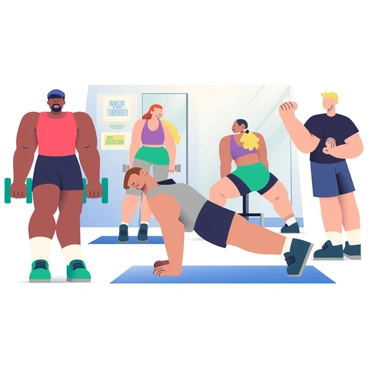 A group of five people are participating in a muscle-building class inside a modern fitness studio. In the foreground, a woman with dark skin and short black hair is lifting a pair of heavy dumbbells, wearing a bright red tank top and black leggings. Next to her, a man with light skin and a beard is performing push-ups on a blue mat, dressed in a gray workout shirt and shorts. In the background, two women are working on a resistance machine; one has long brown hair tied in a ponytail and is wearing a purple sports bra and black shorts, while the other has curly blonde hair and is clad in a green tank top and grey leggings. The fifth participant, a man with medium skin tone and a buzz cut, is stretching before starting his workout, dressed in a black tee and navy blue shorts. The walls of the fitness studio are adorned with motivational posters, and the flooring is made of light wood.