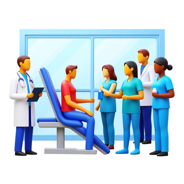 A group of diverse healthcare professionals collaborating in a modern medical facility. There is a doctor in a white coat with a stethoscope around their neck, a nurse in scrubs with a clipboard, a pharmacist holding a medication bottle, and a physical therapist demonstrating an exercise. They are gathered around a patient sitting on an examination table. The facility features high-tech medical equipment and large windows allowing natural light to illuminate the space. Each professional is engaged in discussion, showcasing a team-oriented atmosphere.