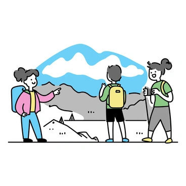 A group of three hikers standing on a flat, rocky plateau. The first hiker, wearing a red jacket and blue pants, is pointing towards the distant mountains. The second hiker, dressed in a green shirt and black shorts, is taking a photograph with a camera. The third hiker, in a yellow backpack and gray leggings, is looking out over the landscape with a smile. The expansive view below shows valleys, trees, and distant peaks under a clear blue sky.